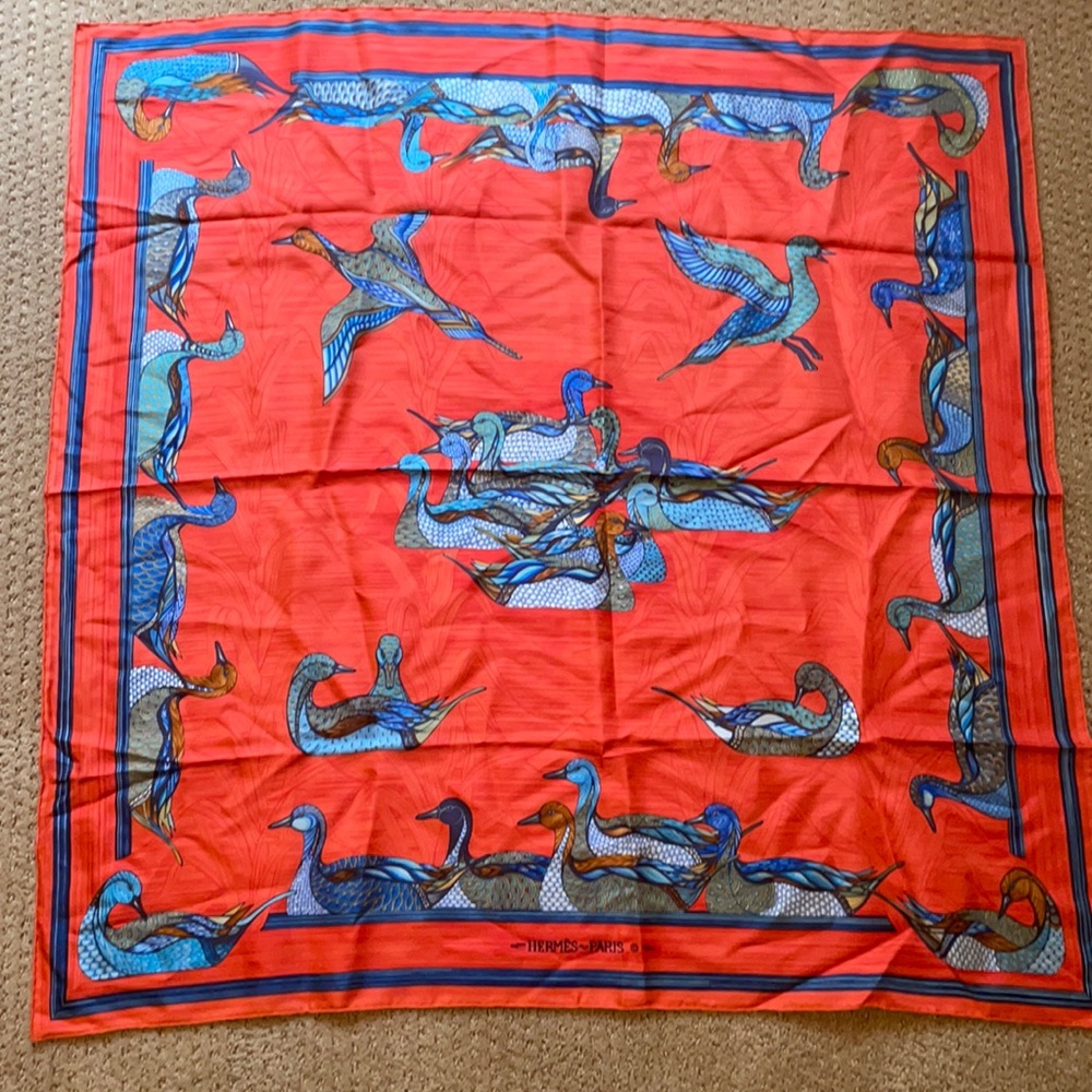 Hermès Ducks Pond silk scarf in red and blue